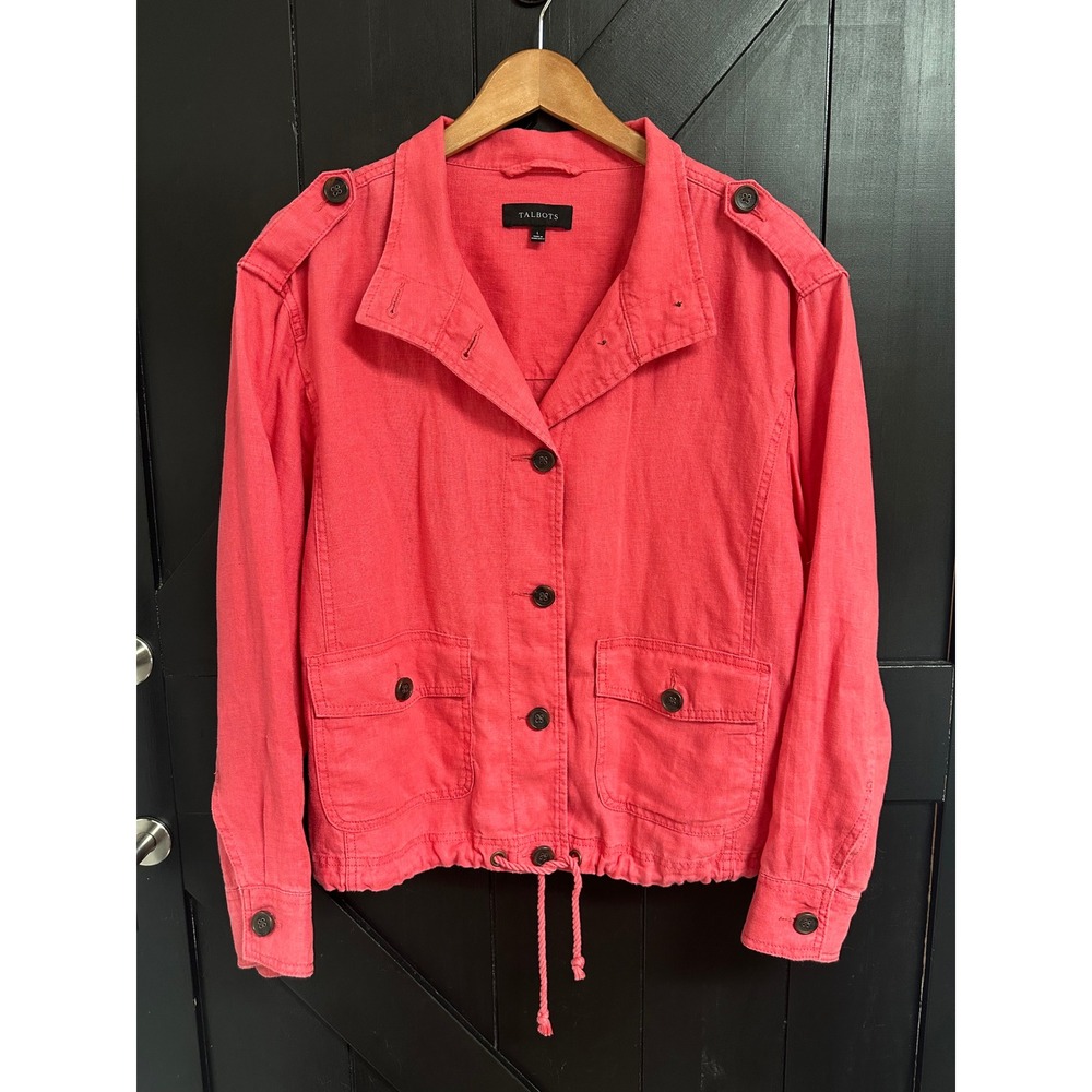 Talbots Women Linen Utility Jacket Coral Pink Button Front Size Large Travel